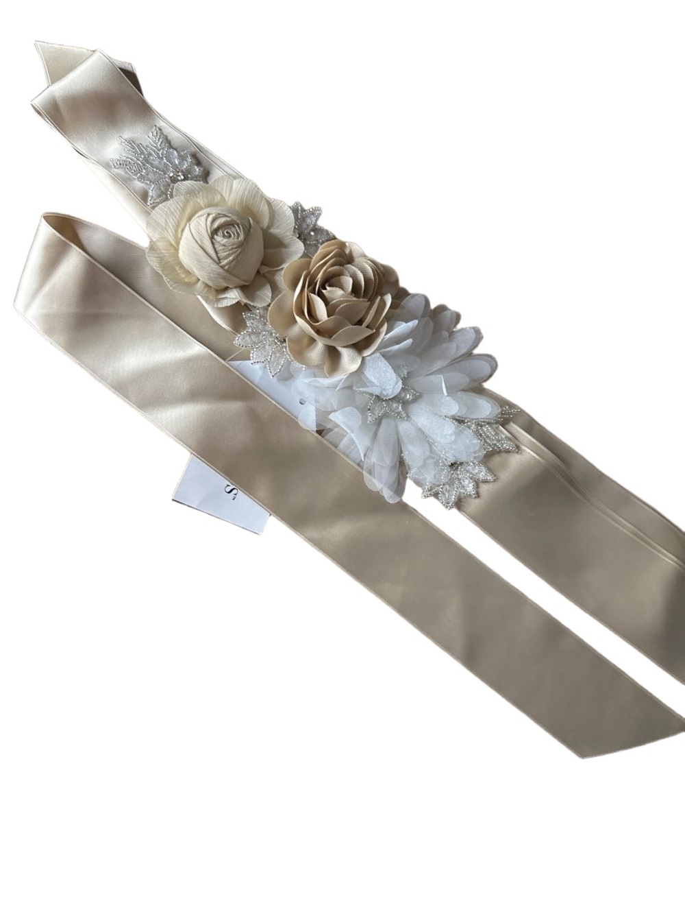 David's Bridal Satin Floral Sash Belt in Champagne and Ivory, NWT